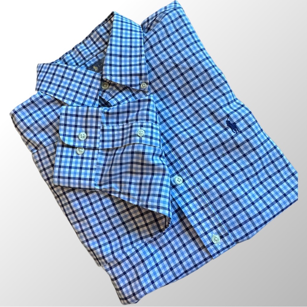 Ralph Lauren Cotton Long Sleeve Blue Checked Plaid Button Down Shirt in Large‎